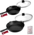 Cast Iron Skillet Set - 10" + 12"-Inch Pre-Seasoned Frying Pans + Glass Lids + Silicone Handle Cover Grips - Indoor/Outdoor Use - Grill, Oven, Stovetop, Induction, BBQ, Firepit Safe Kitchen Cookware