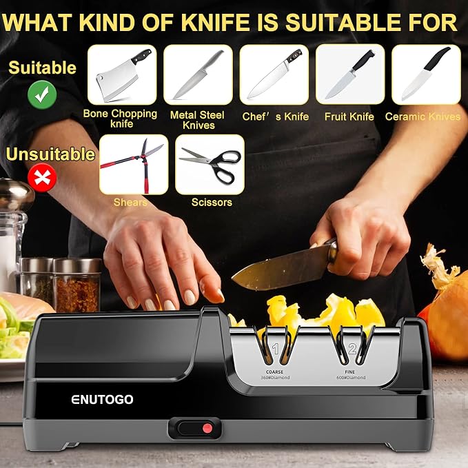 Enutogo Knife Sharpener, Professional 2-Stages Eleltric Knife Sharpeners with Diamond Abrasives for 20-Degree Straight Edge, Knife Sharpener for Kitchen Knives with Sharpening and Polishing