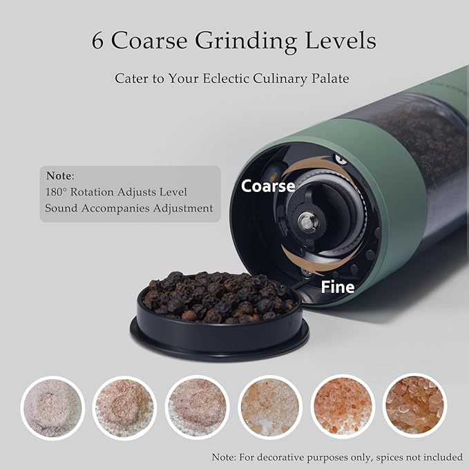 TLYSXPRO Electric Salt and Pepper Grinder Set, USB Rechargeable, Automatic Salt and Pepper Mill Grinder with Adjustable Coarseness, Electric Salt Shakers, LED Light, Refillable (2 Packs, Sage)