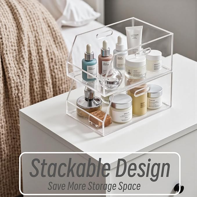 Gelite Stackable Storage Bins Open Front Clear Organizer Bins with Handles Acrylic Storage Container for Pantry Kitchen Cabinet Bathroom Closet Office Organization, 15.4x11.4x6.7''