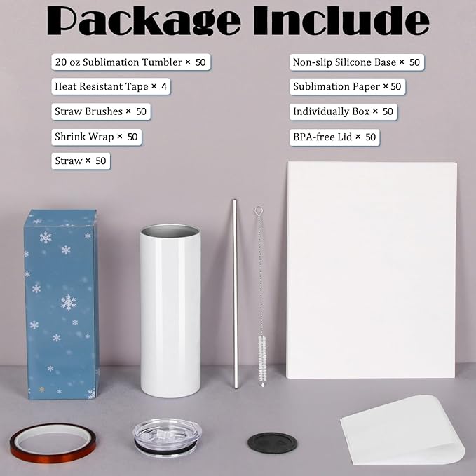 50 Pack Sublimation Tumblers Bulk, 20 oz Stainless Steel Tumbler Blank with Lid and Straw, Individually Boxed
