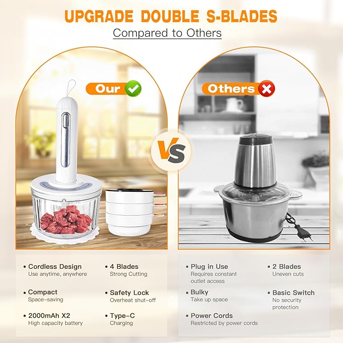 Glass Food Processor Small, USB Charging Wireless Electric Meat Grinder with 4 Blades & 4 Bowls (1x8 Cup+3x0.5 Cup), Mini Chopper Food Processor for Home Use, Onion, Garlic, Ginger, Baby Food