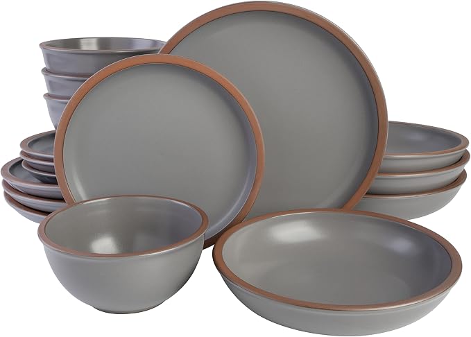 Gibson Elite Lagos Coupe Dinnerware Set, Service for 4 (16pcs), Grey, Grey (Double Bowl)