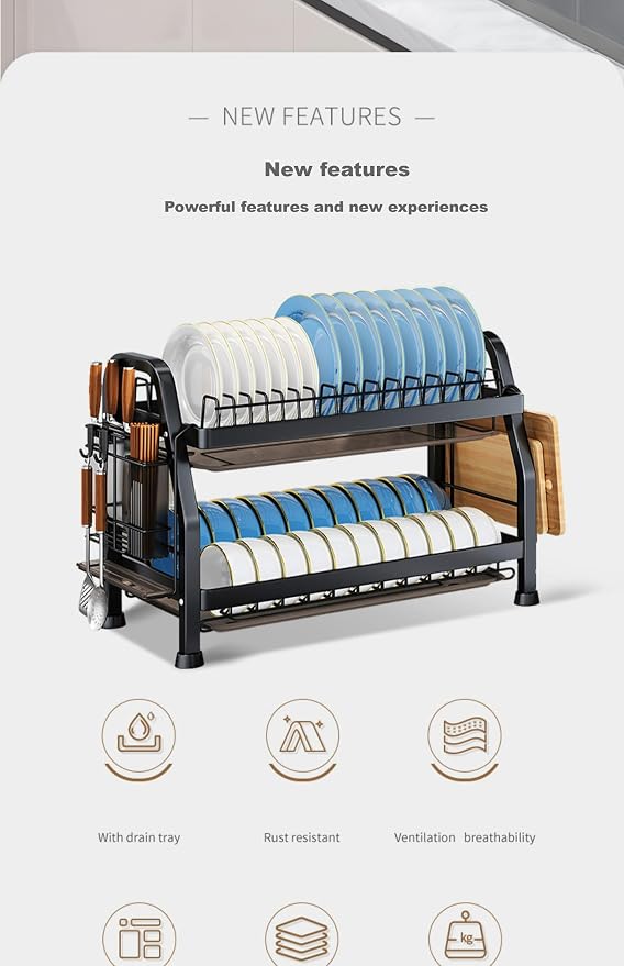 LMingKun Over The Sink Dish Drying Rack,Dish Rack, Dish Dryer Rack, Dish Drain, Black Dish Drying Rack,Snap-On Design 2-3 Tier Small Dish Rack Stainless Steel (20.9''X10.2''X24.8'')
