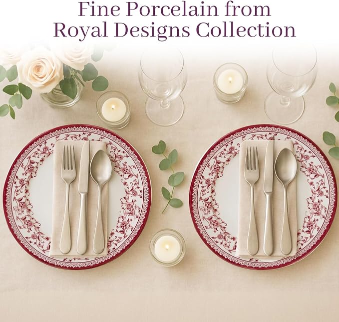 TUDOR Royal Collection 12-Piece Round Porcelain Dinnerware Set, Service for 4 with Dinner Plates, Bowls, and Salad Plates, Aster Pink Red Floral Design, High Gloss Finish, Durable & Premium Quality