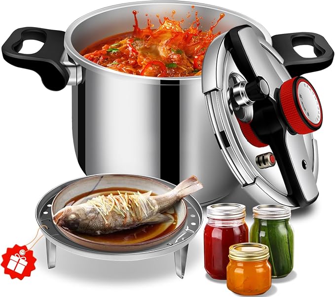 Stainless Steel Pressure Cooker 6 quart Commercial Stove Top Pressure Cooker for canning, pressure cooker 6+ quart, Compatible with Gas & Induction, Fast Cooking for large Meals, Dishwasher Safe,