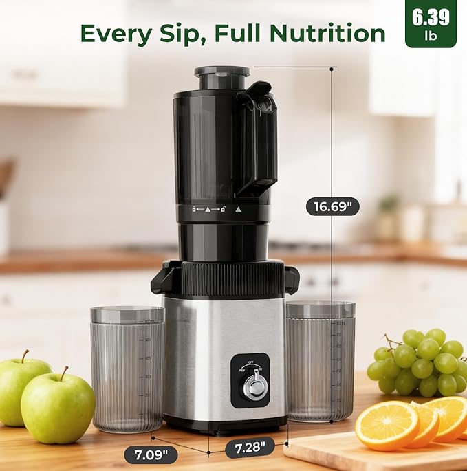 Cold Press Slow Juicer Machine, Compact Slow Masticating Juicer for Vegetables & Fruits, 4.4" Wide Feed Chute, Easy to Clean Stainless Steel Juice Press, Dishwasher Safe, High Juice Yield