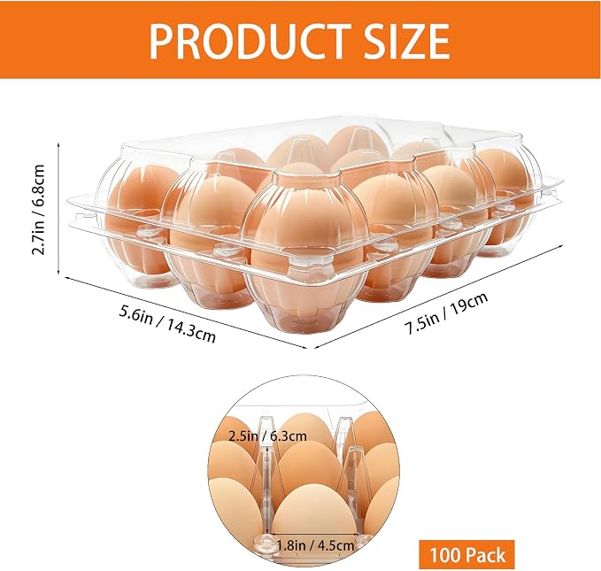 100 Pack 3x4 Plastic Egg Cartons Bulk 12 Count Clear, Reusable Stackable Dozen Chicken Eggs Containers Holders for Storage, Family, Farm Markets and Commercial Display