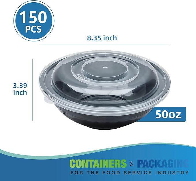 Meal Prep Bowls Containers, 150 Sets 50oz Reusable Plastic Bowls with Lids for Noodles Soup Salad, Round To Go Food Storage Container, BPA Free, Microwave/Dishwasher/Freezer Safe, Black