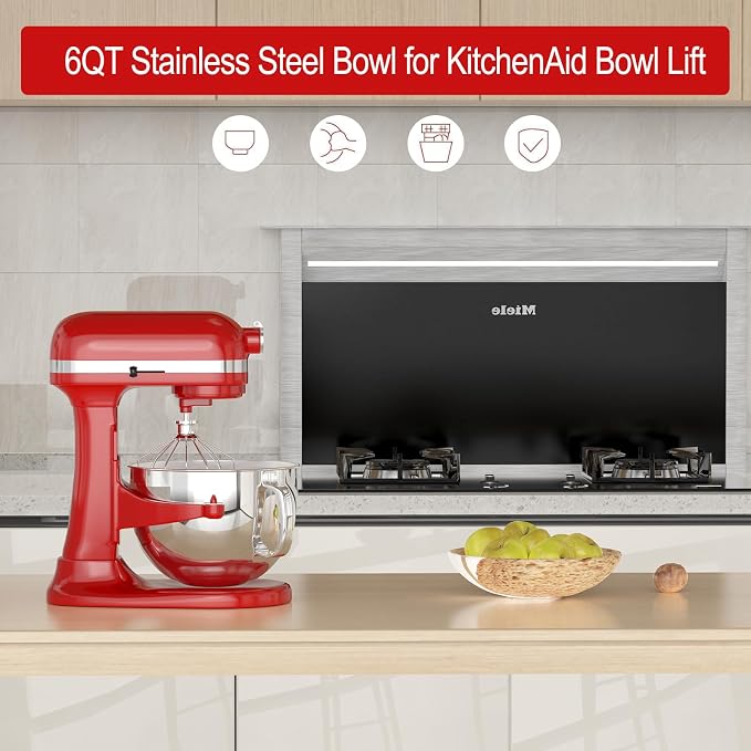6QT Stainless Steel Mixer Bowl for Kitchenaid Stand Mixers, Kitchen Aid Mixing Bowl for 6QT Lift Mixer with Handle
