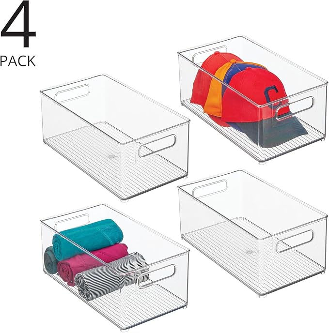 mDesign Deep Plastic Storage Organizer Container Bin, Closet Organization for Hallway, Bedroom, Linen, Coat, and Entryway - Holds Clothing, Blankets, Accessories, Toys, Ligne Collection, 4 Pack, Clear