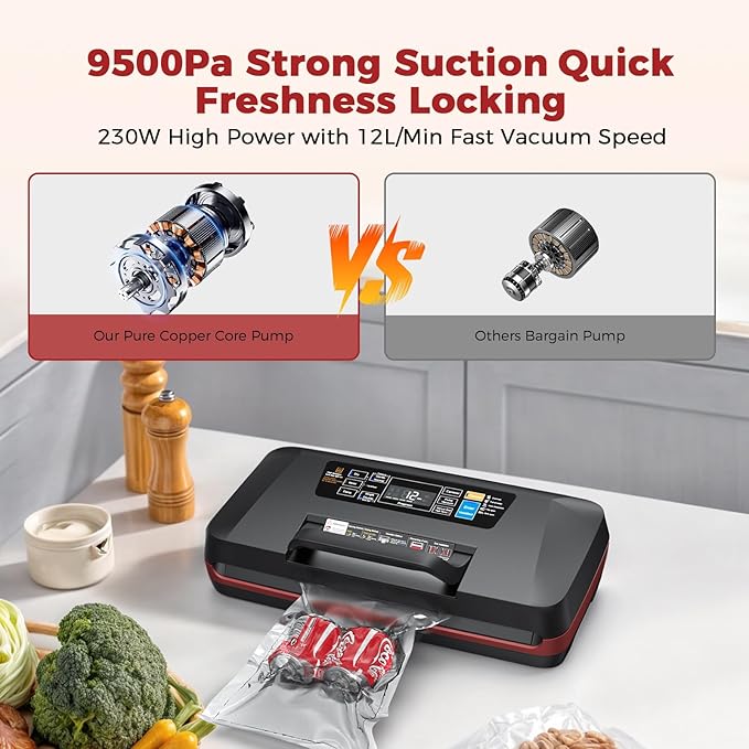 95KPa Vacuum Sealer Machine for Food, Automatic with Dual 12mm Heat Seal, 10-in-1 Modes, Built-in Cutter & Bag Storage, Includes 1 Roll and 10 Pre-Cut Bags