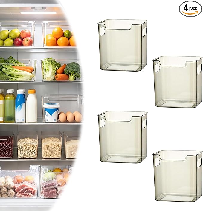 Crystal Clear Freezer Storage Bins, BPA-Free Clear Fridge Organizer Bins with Handles, Stackable Plastic Bins for Organization, Heavy-Duty Clear Storage Bins (Translucent Green, 4S)