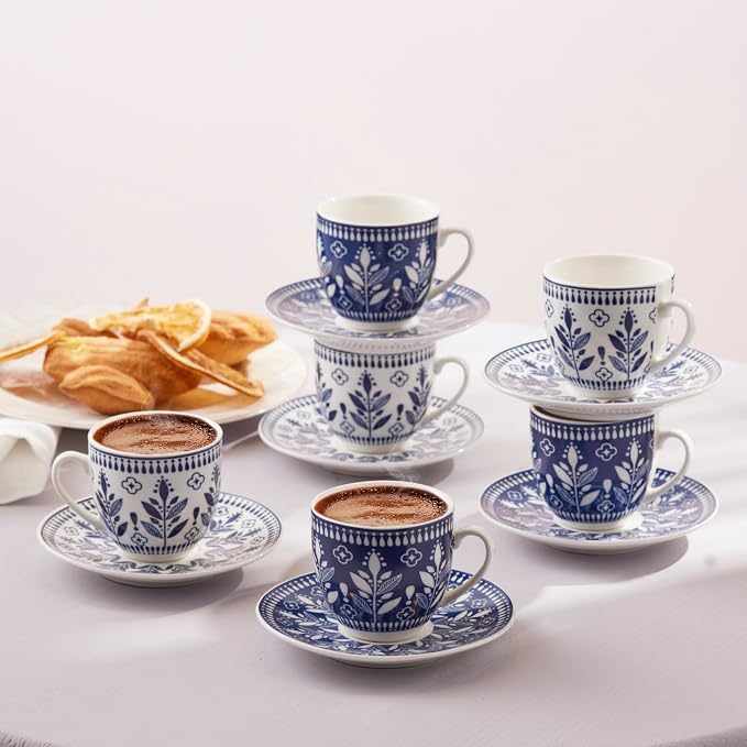 KARACA Peyker Turkish Coffee Cup Set for 6 People - 12 Piece Cups with Saucers - Small Bone China Espresso Set - Ideal for Serving Greek, Arabic Coffee (2.8 fl oz)