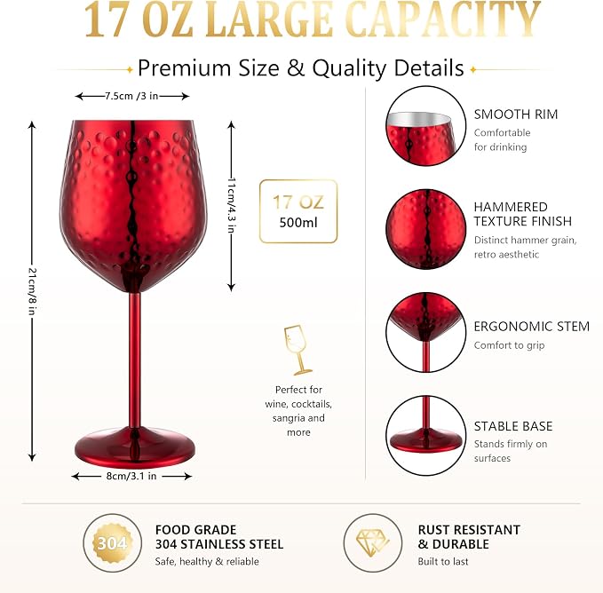 UNISWEET Stainless Steel Wine Glasses Set of 4 Unbreakable (Red) | 17 oz Large-capacity Hammered Goblets, Lightweight & Reusable, Good for Outdoor, Camping, Pool Travel, Gift for Wine Lovers