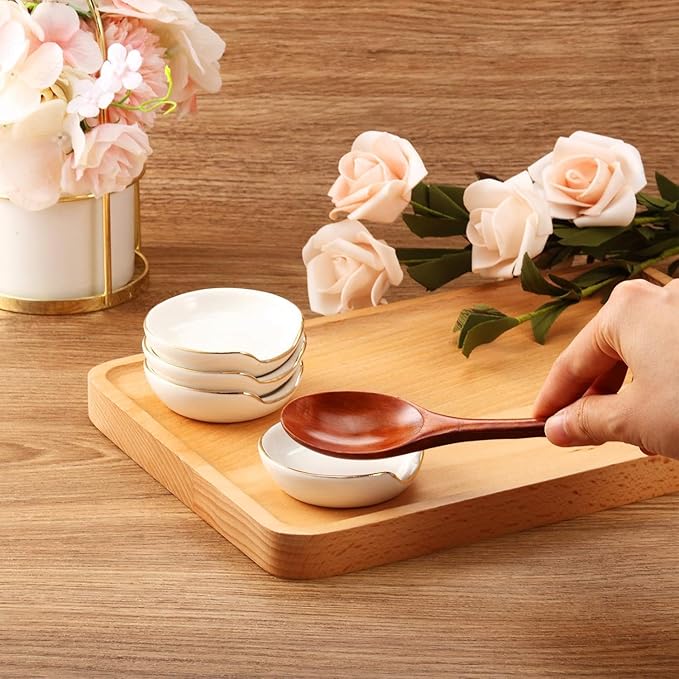 Boao 2.7 Inches Mini Ceramic Spoon Rests, Gold Rim Kitchen Spoon Rests, Mini Cooking Season Soup Holder for Stove Top Countertop, Teaspoon Rest, Coffee Stir Rest (white, 4 Pieces)