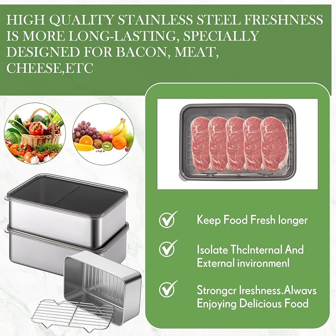 Hushee 3 Set 304 Stainless Steel Containers for Fridge, with Removable Drain Tray, 60 oz Airtight Food Container with Lids for Fruit Bacon Deli Meat Fresh Storage(7.68 x 5.12 x 2.76 Inch)