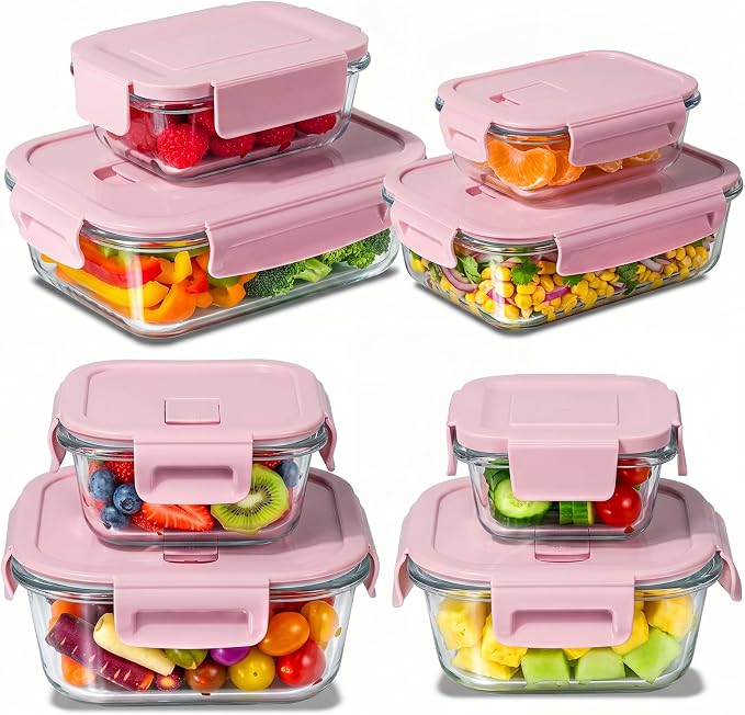 8 Pack Glass Meal Prep Containers with Lids, Glass Food Storage Containers with Snap Locking Lids, Airtight Lunch Containers for Microwave, Oven, Freezer and Dishwasher BPA Free (Pink)