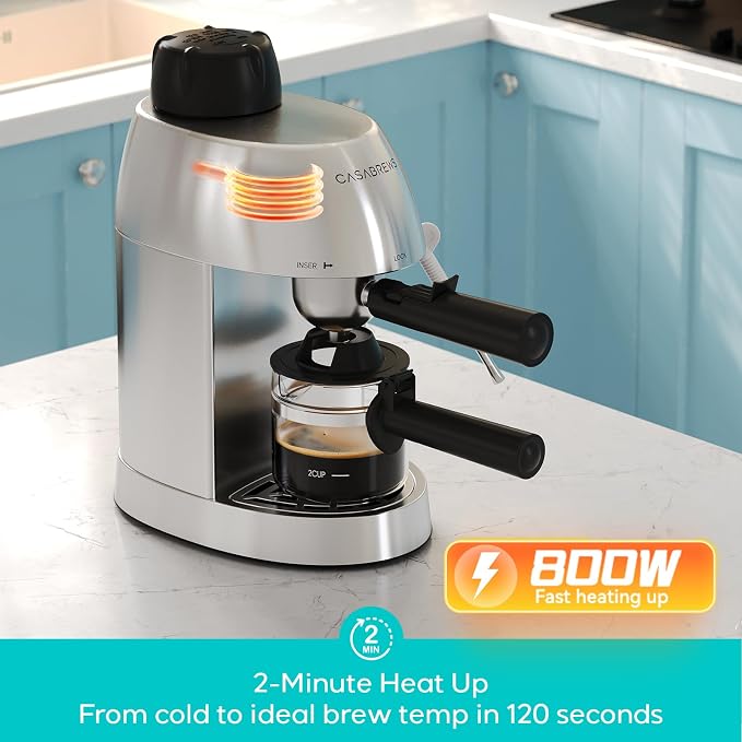 CASABREWS 3.5 Bar 4 Cup Espresso Cappuccino Machine with Milk Frother | Stainless Steel, Milk Frother, Dual Safety Switches, 800W, Compact for Home, Brew Espresso, Latte, Cappuccino, Iced Coffee