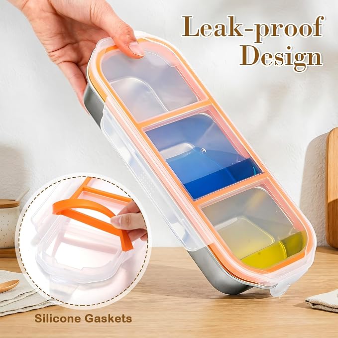 8 Pack Stainless Steel Snack Containers with Leak Proof Lids, 2/3 Compartments Metal Bento Lunch Box, Reusable Divided Food Storage Container for Adults Home Travel Work (Orange)