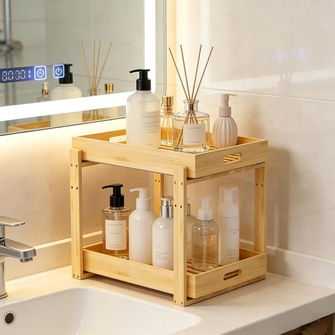 Under Sink Organizer and Storage - 2-Tier Bamboo Kitchen Cabinet Shelf with Adjustable Levels, Undersink Organization Slide Out for Bathroom Cabinet Pantry