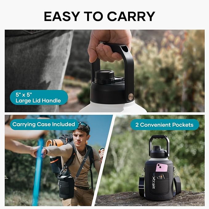 BUZIO 1 Gallon Water Jug Insulated, Stainless Steel Bottle With Large Handle & Spout Lid, 3.58" Big Wide Mouth BPA-Free Leakproof Metal Water Flask For Camping, Adventure, Sports, White & Black