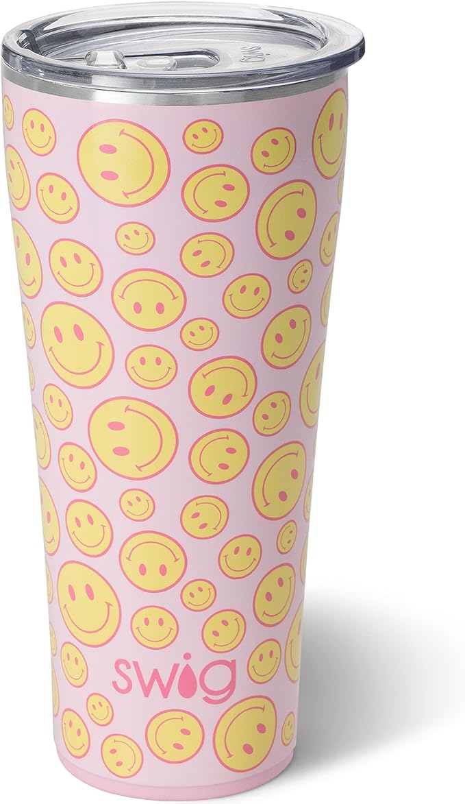 Swig Life 32oz Insulated Tumbler, Travel Coffee Tumbler with Lid, Cup Holder Friendly Travel Coffee Mug, Stainless Steel with Lid (Oh Happy Day)