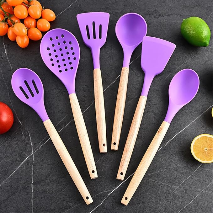 Kitchen Utensils and Knives Set, 20PCS Knife and Cooking Spoon Tools Set with Storage Holder, Sharp Stainless Steel Knife Sets with Bread, Chef Knife (Purple)