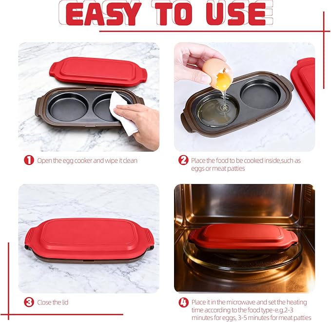 Quick-Heat Microwave Egg Cooker|Poacher|fryer, Multi-use Maker for 2 Eggs for Breakfast Sandwiches, Dishwasher-Safe Portable for Home,Travel,Gifts (Red)