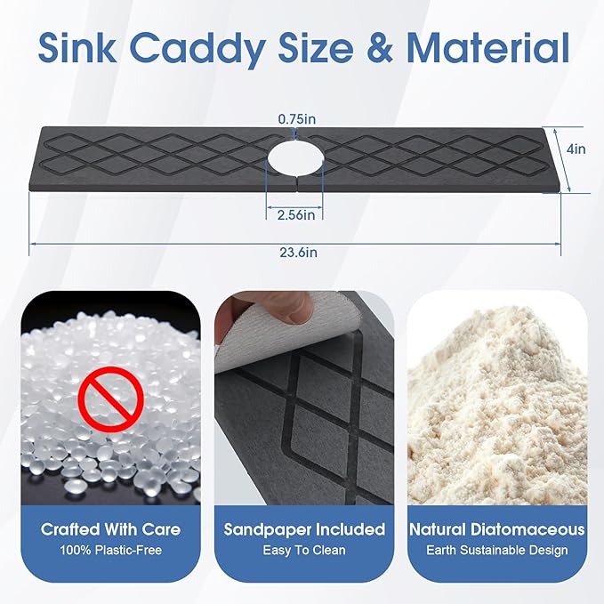 Stone Faucet Mat for Kitchen Sink, Quick-Dry Non-Slip Drying Tray, Diatomite Drying Stone Mat Sink Protectors, Prevent Moisture for Kitchen Bathroom Counter, Matte black, 23.6" x 4"