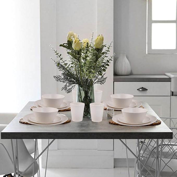 Supernal 32pcs Wheat Straw Dinnerware Sets Cream Color,Plates and Bowls Sets,Beige Plastic Dinnerware Sets, Dish Set for 8 with 25pcs Gold Napkins, Dishwasher Safe Plates