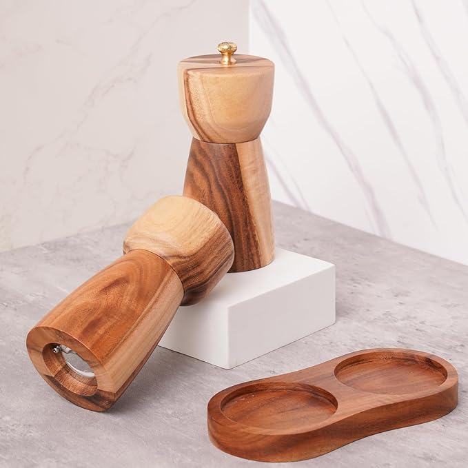 Salt and Pepper Grinder Set with Tray, Adjustable Ceramic Grinder Salt Mill, Stainless Steel Grinder Pepper Mill, Acacia Wood, 5 inch /14cm Height, Bottom Dia 2.36inch/6cm (Tray is Included)