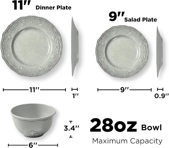TP 12-Piece Melamine Dinnerware Sets, Plates and Bowls Dishes Set for 4, Break-Resistant & Non-Microwavable, Lightweight Dinner Plates, Relief Grey