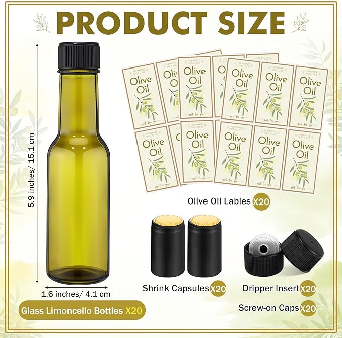 Havawish 20 Pcs 3oz Homemade Mini Olive Oil Bottles Hot Sauce Glass Bottles with Leak Proof Screw Cap Funnel Clear Bottle for Storing Homemade Olive Oil Wedding Baby Shower Gifts (Green)