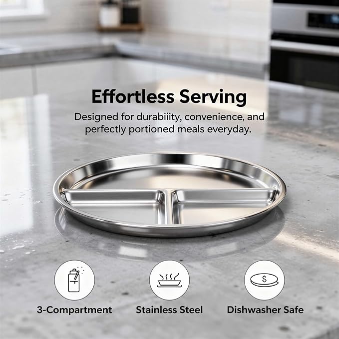 20PCS Stainless Steel Plates and Bowls Sets, Includes 4Set 3 Compartment Plates, Rice Bowls, Cups, Forks, Spoons, 304 Reusable Camping Mess Kits for Home Kitchen, Dorm and Outdoor Picnic (Silver-B)