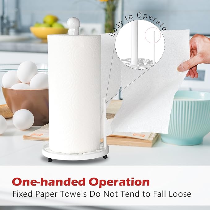 White Cast Iron Paper Towel Holder for Kitchen Countertop - Vintage Floral Standing Dispenser with Heavy Weighted Base, Farmhouse Decor, Fits Jumbo Rolls, One-Handed Tear