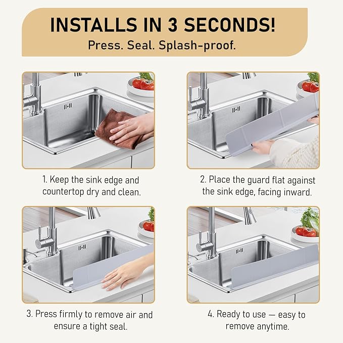 Kitchen Sink Splash Guard 23" Self-Draining Silicone Water Guard with High Splash Wall & Strong Suction Cups for Faucet, Countertop & Sink Edge, Keeps Sinks Dry, Dishwasher Safe (Gray)