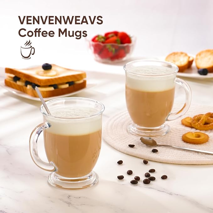 VENVENWEAVS Glass Coffee Mugs Set of 2,15 OZ Lead-free Clear Coffee Cups For Cappuccino,Latte,Tea,Glass Coffee Cups with handles