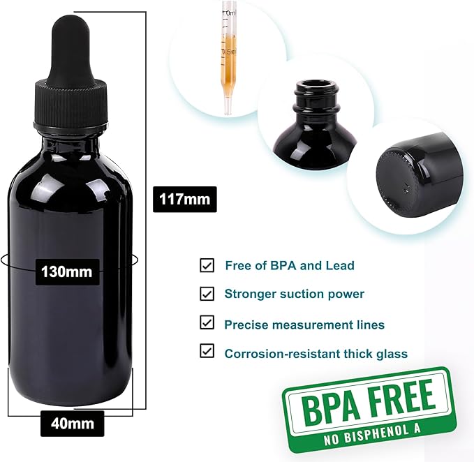 NOOEEISS 2oz Glass Dropper Bottle,Preety Texture Tincture Bottles with Precise Scales Eye Droppe,for All Kinds Of Mixed Liquids,Leak-Proof Design for Easy Travel (Black-48Pack)