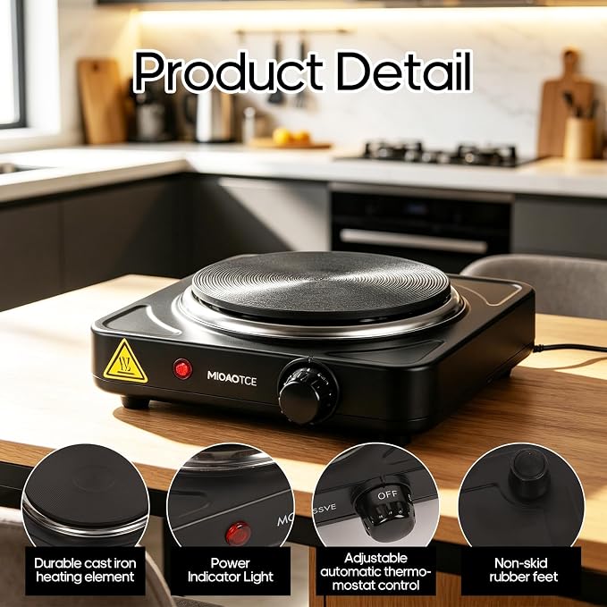Countertop Single Cast Iron Burner 1000 Watts Electric Hot Plate with Adjustable Temperature 6.1" Cooktop for Dorm, Office, Home, Camp, Compatible for All Cookwares