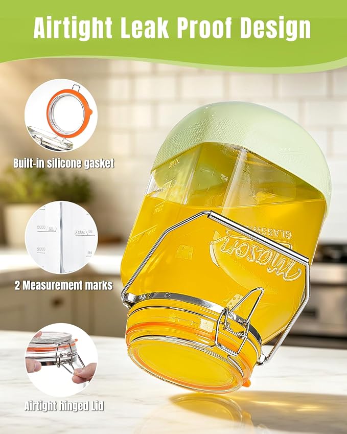 1 Gallon Glass Jar with Lid, 2 Pack Wide Mouth Mason Jars with Airtight Seal, Heavy Duty Glass Storage Container with Handle & Protective Base, Glass Jar for Sun Tea, Pickling, Flour Sugar, Kombucha
