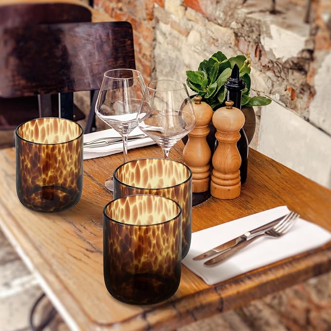Honeydak Set of 4 Tortoise Leopard Print Glasses Brown Rocks Glasses Stylish Stemless Cocktail Cups Glass Glassware Tumbler Ideal for Gin, Tequila, Vodka, Soft Drinks
