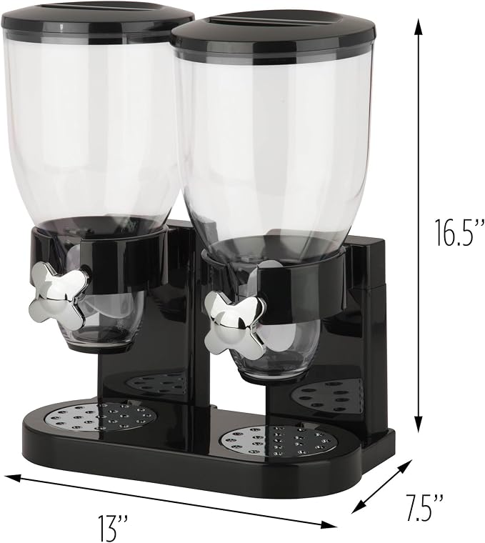 Honey-Can-Do Zevro Dual Dry Food Dispenser – Countertop Cereal Dispenser with Portion Control, 17.5 oz Per Canister, Airtight BPA-Free Snack Dispenser for Kitchen Organization, Black/Chrome