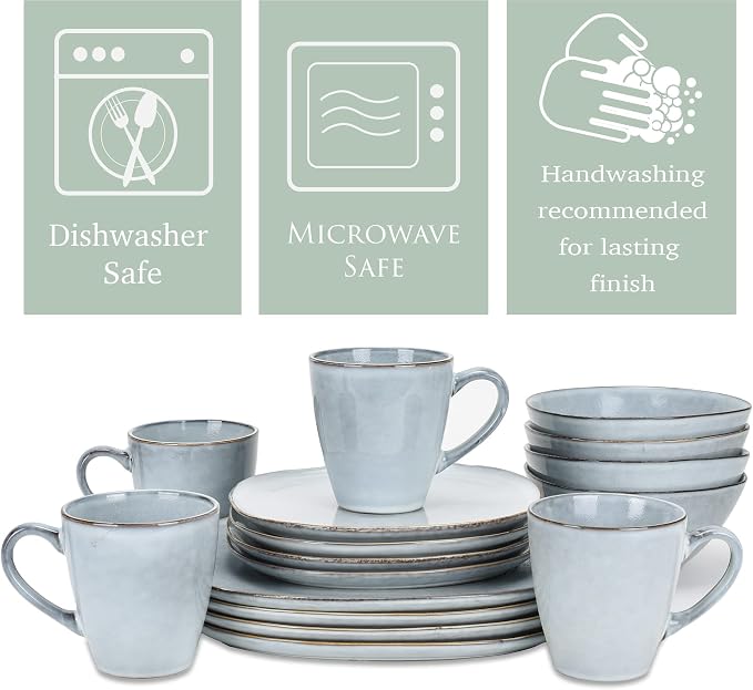 Elanze Designs 16-Piece Modern Luxury Chic Smooth Vintage Handmade Shape High Gloss Ceramic Stoneware Square Plate Mug & Bowl Kitchen Dinnerware 16 Piece Set - Service for 4, Ice Blue