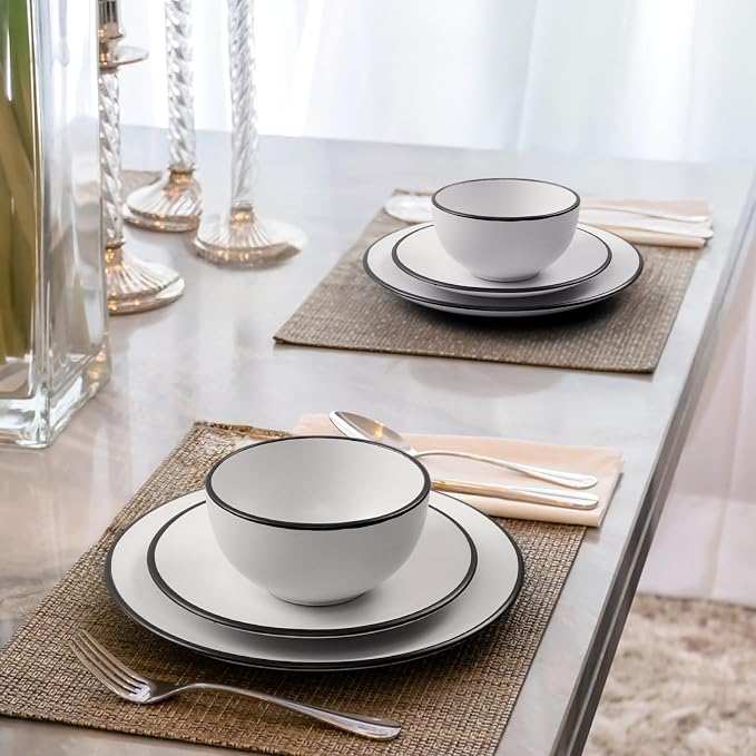 Homlouue 16 Pieces Stoneware Dinnerware Set, Speckled Ceramic Plates and Bowls Mugs Sets Service for 4, Ceramic Dishes Set, Microwave and Dishwasher Safe(White with Black Rim)