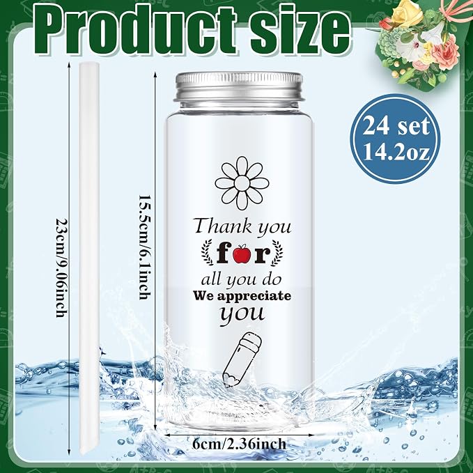 Skylety 24 Pcs Teacher Cups Bulk, Back to School Gifts 14 oz Reusable Plastic Cup with Lids and Straws We Appreciate All That You Do for First Day of School Party