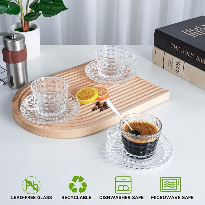Glass Espresso Shot Cups with Saucers Set of 6, Clear Small Demitasse Cup with Stainless Steel Spoons, Dishwasher Safe Coffee Mugs for Tea Hot Chocolate Cappuccino, 5OZ/150ML, Diamond