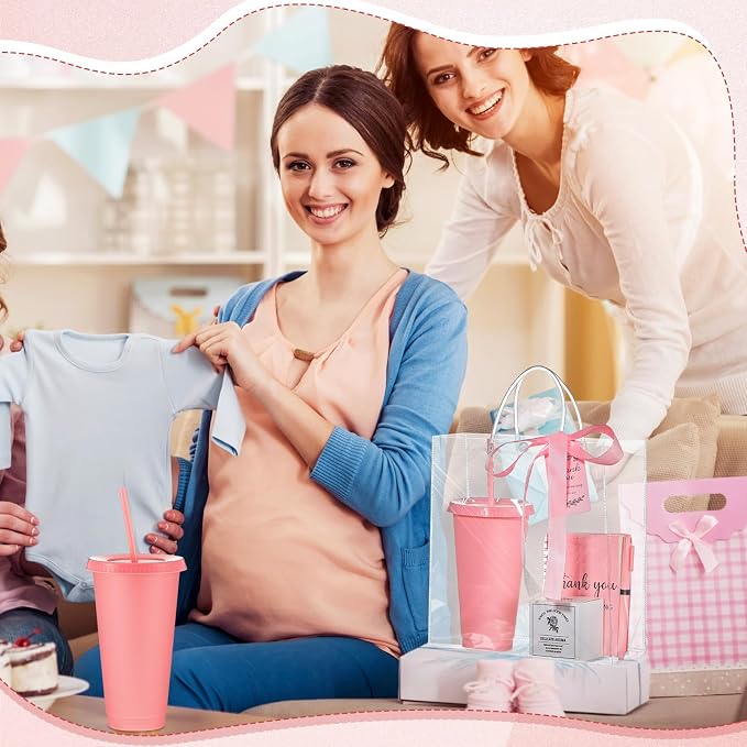 Nuogo 6 Sets New Parent Shower Prizes for Player Winners Adult, Wedding Bridal Shower Gift, Plastic Tumbler Notebook Scented Candle Ballpoint Pen Bag (Pink Color,Classic Style)