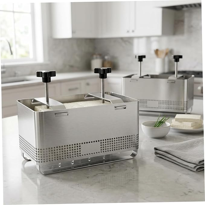 Tofu Press - Stainless Steel Tofu Mold & Paneer Cheese Press Kit for Homemade Firm Yogurt Strainer, Includes Drain Tray & Cloth, XL Mold