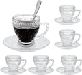 Glass Teacups and Saucers Set of 6, Vintage Coffee Mugs with Stainless Steel Spoon, Dishwasher & Microwave Safe Teacups for Espresso Cappuccino Latte Tea Juice, 7OZ/210ML, Clear